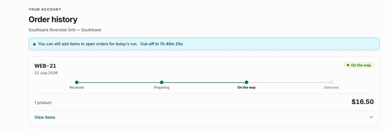 Order tracking through received, preparing, on the way and delivered