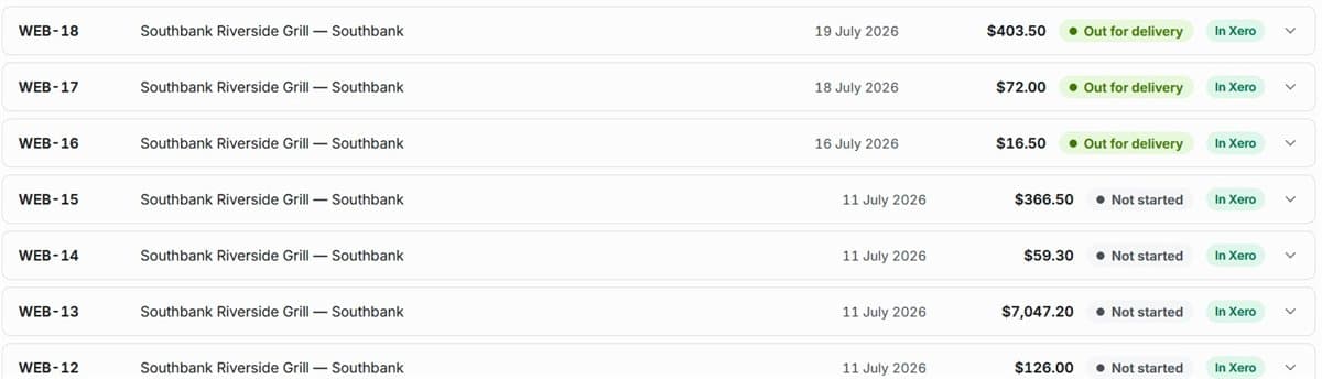 Incoming orders list with delivery status and accounting sync