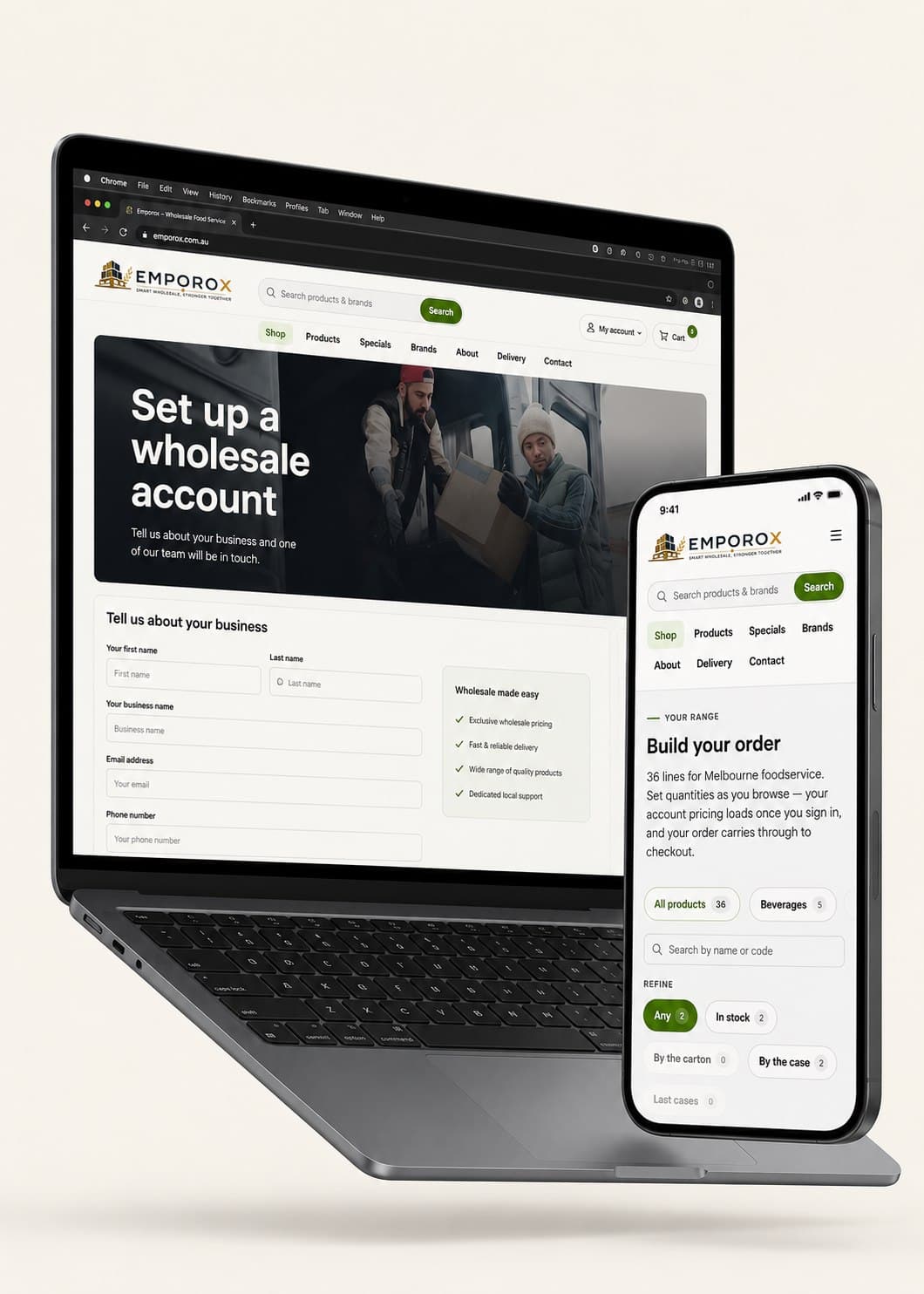 EmporOX storefront and ordering screen on a laptop and a phone