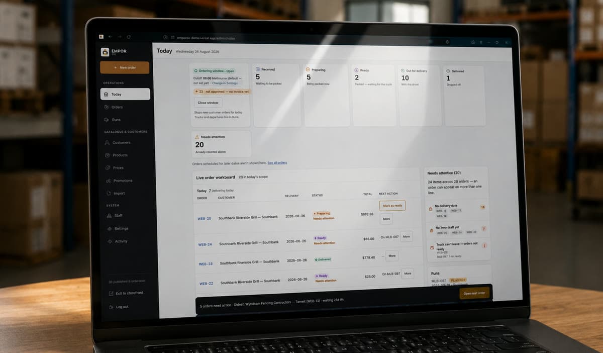 EmporOX management screen on a laptop showing today’s order workboard